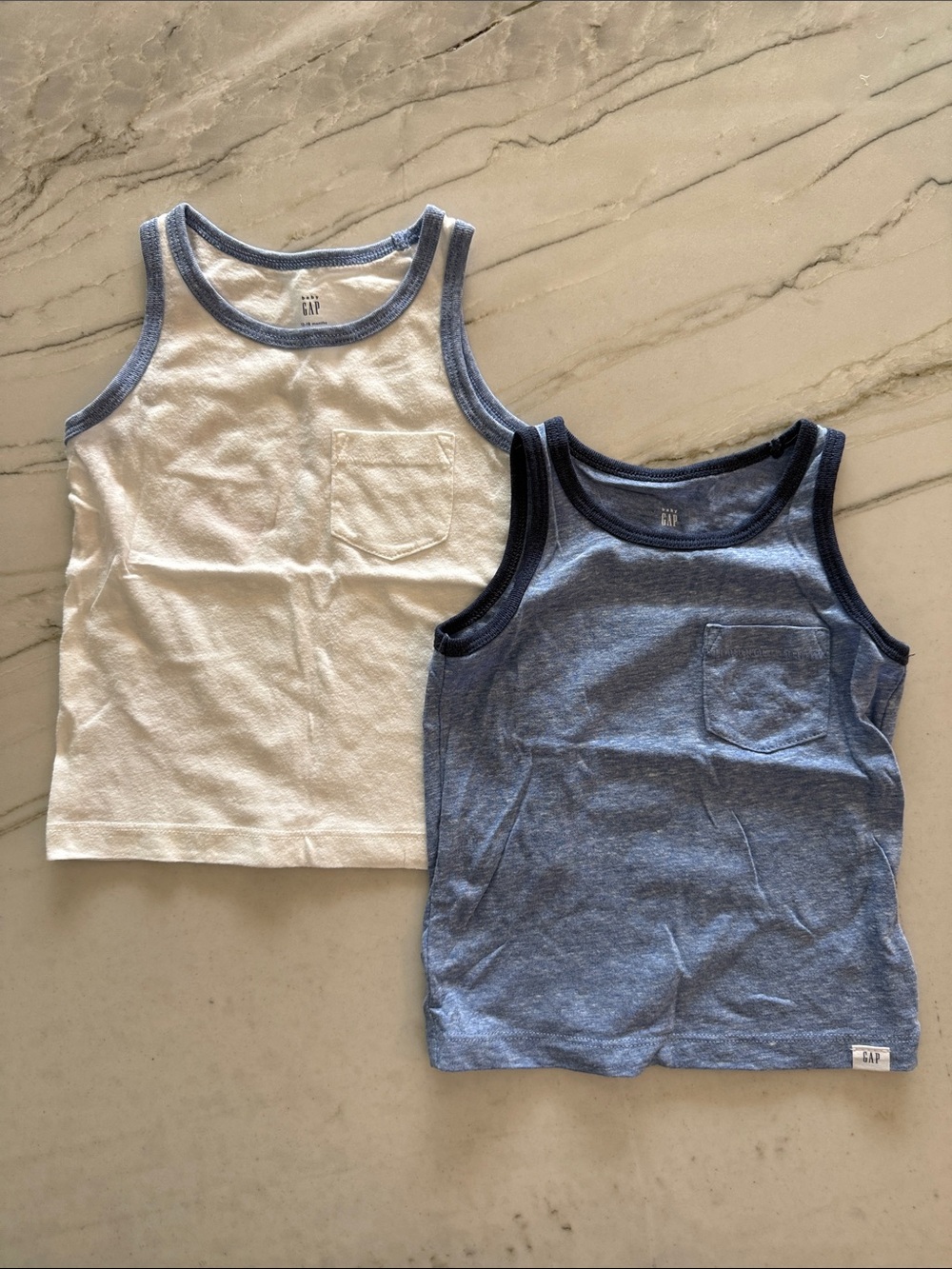 GAP Baby Boys' Tank Tops - White with Blue Trim & Heather Blue